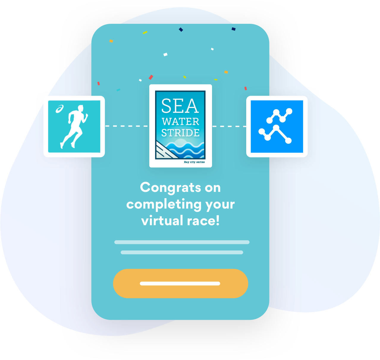 A light blue smartphone screen displays a congratulatory message on completing a virtual race